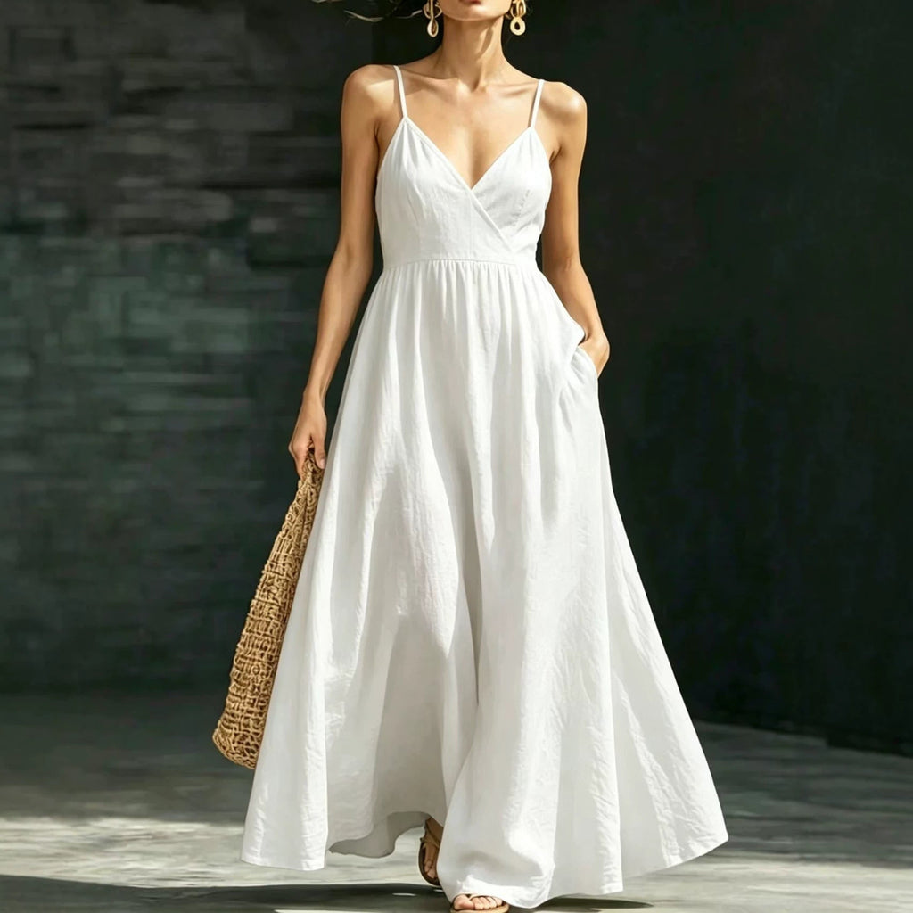 V-neck Pocketed Strap Backless Dress