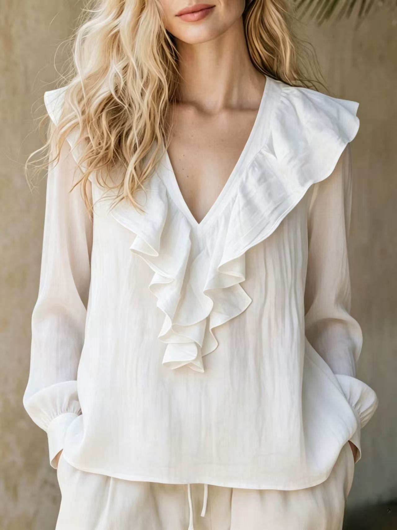 Lace-trimmed V-neck Linen French-style Long-sleeve Top