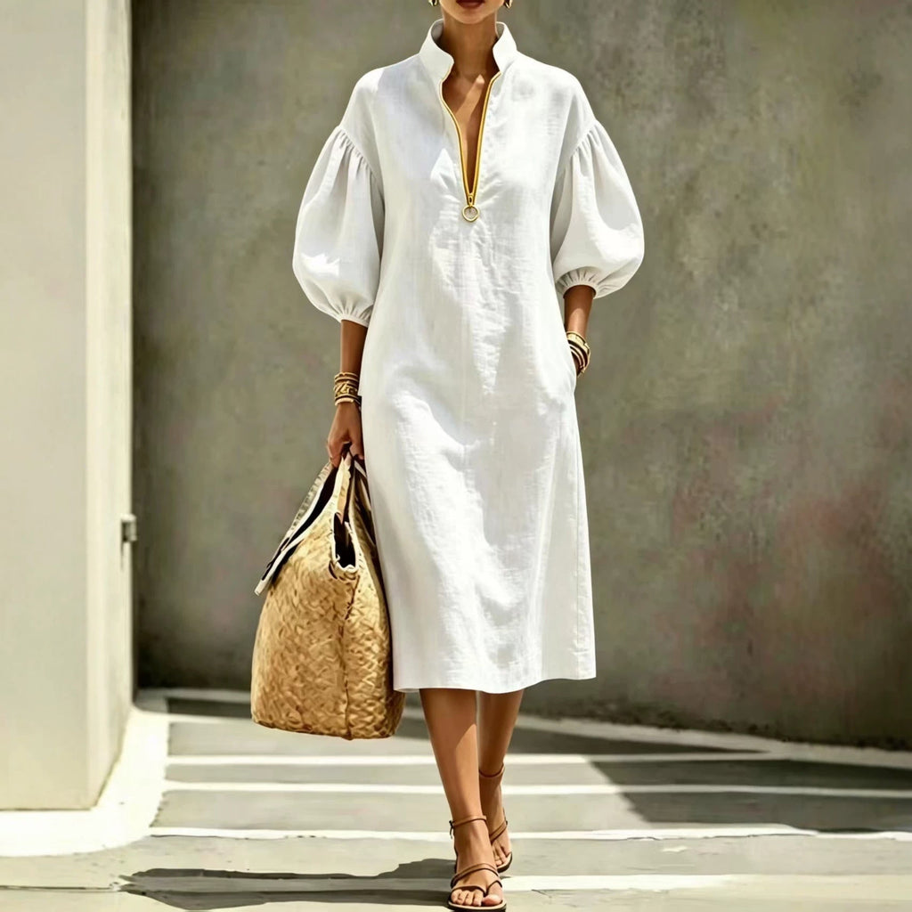 Summer Casual Loose-fit Stand-collar Puff-sleeve Dress