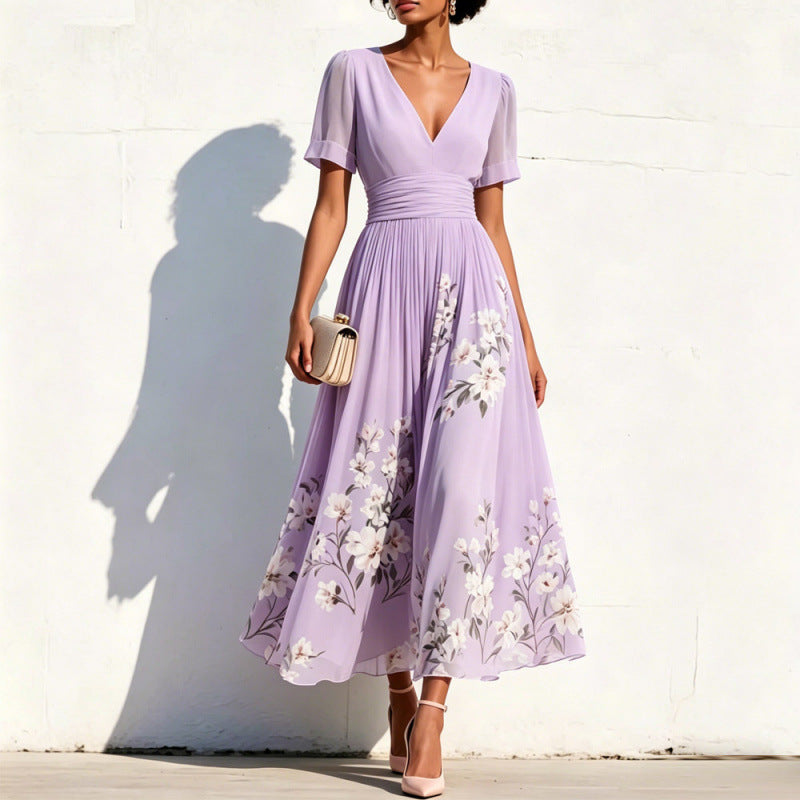 Digital-Print Floral Long-Sleeve V-Neck Pleated Dress