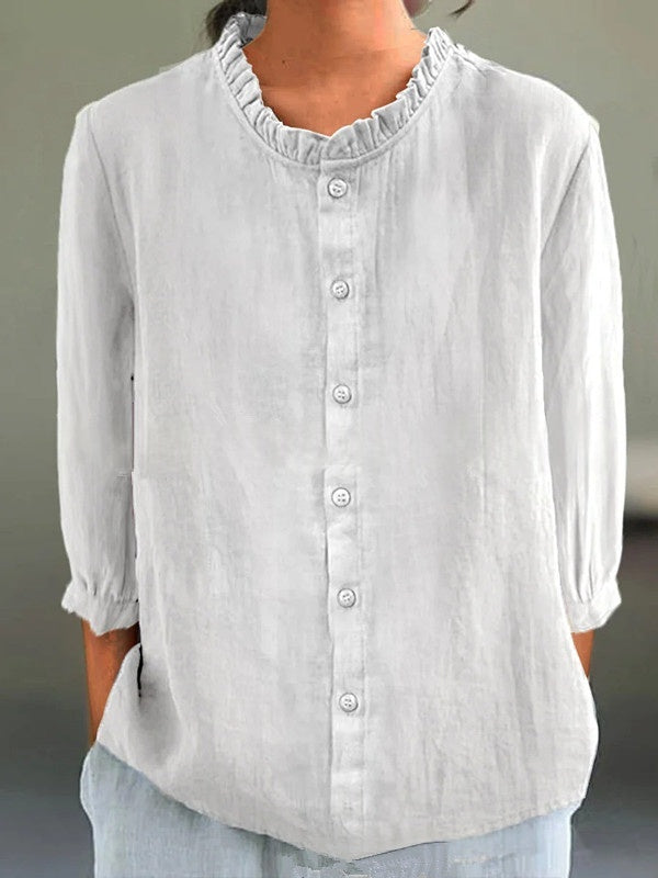 Casual Solid-Color Cotton-Linen Single-Breasted Shirt Set