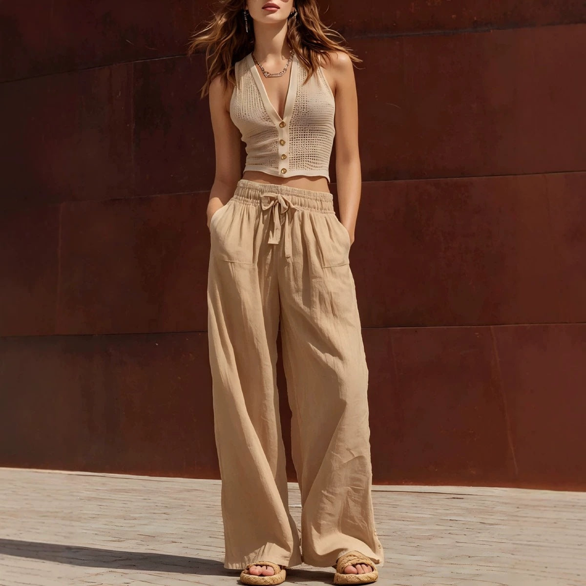 Casual Retro Knit Mesh Top And Cotton-linen Wide-leg Pants Set
