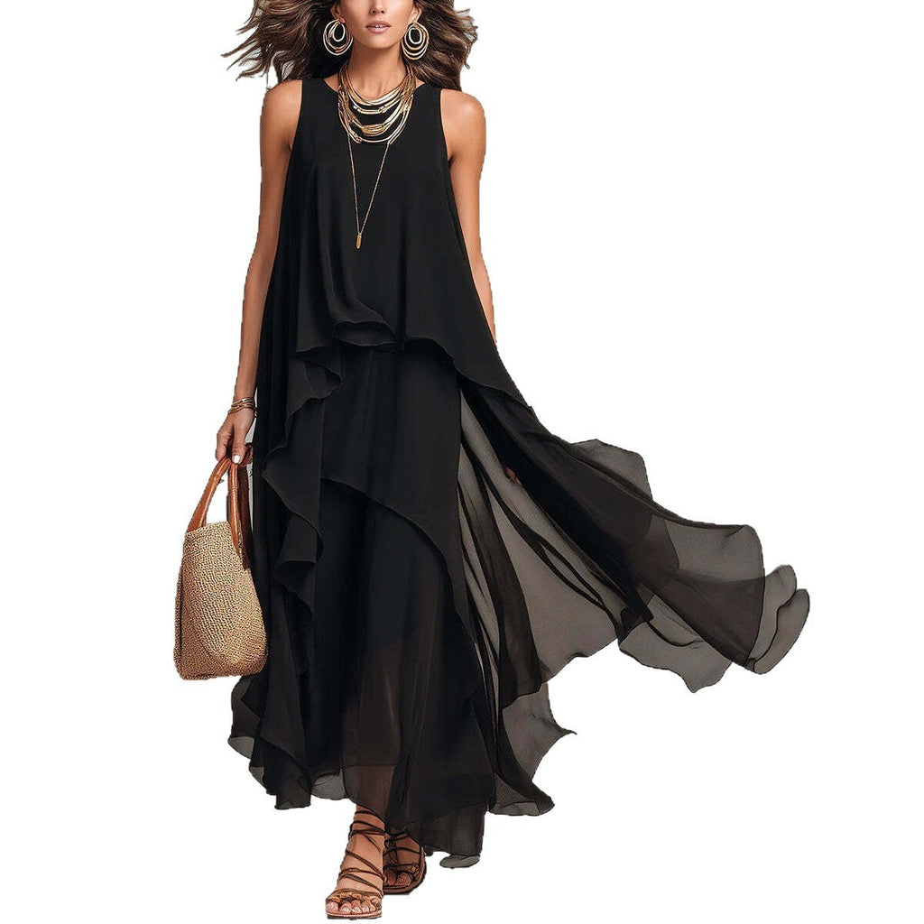 Black Sleeveless Asymmetrical Chiffon Maxi Elegant Flowing Women's Dress