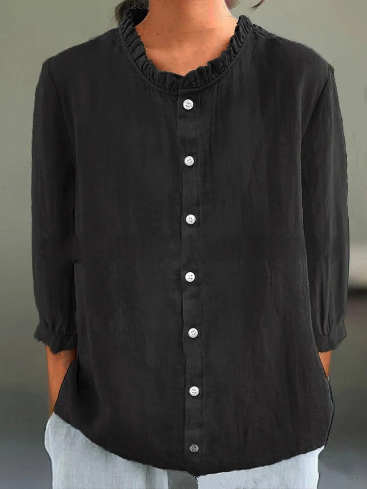 Casual Solid-Color Cotton-Linen Single-Breasted Shirt Set