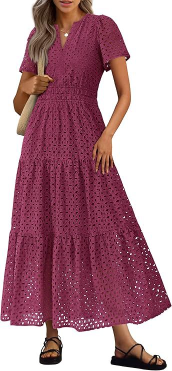 Short-Sleeve V-Neck Hollow-Out Dress
