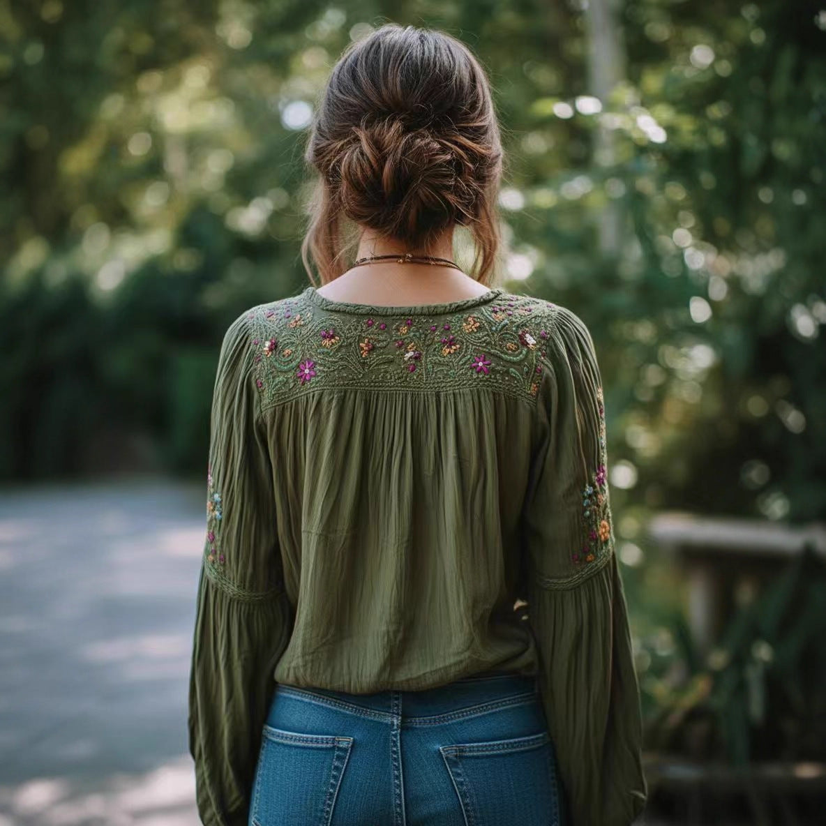 Ethnic-style Embroidered Floral Lantern-sleeve Loose-fitting Top