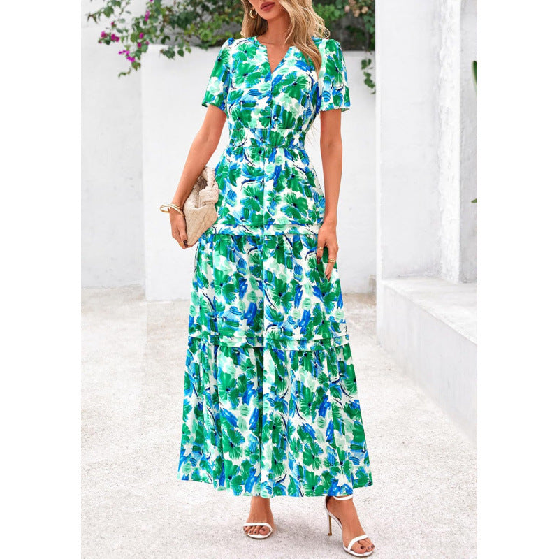 Retro Floral Short-Sleeve V-Neck Dress