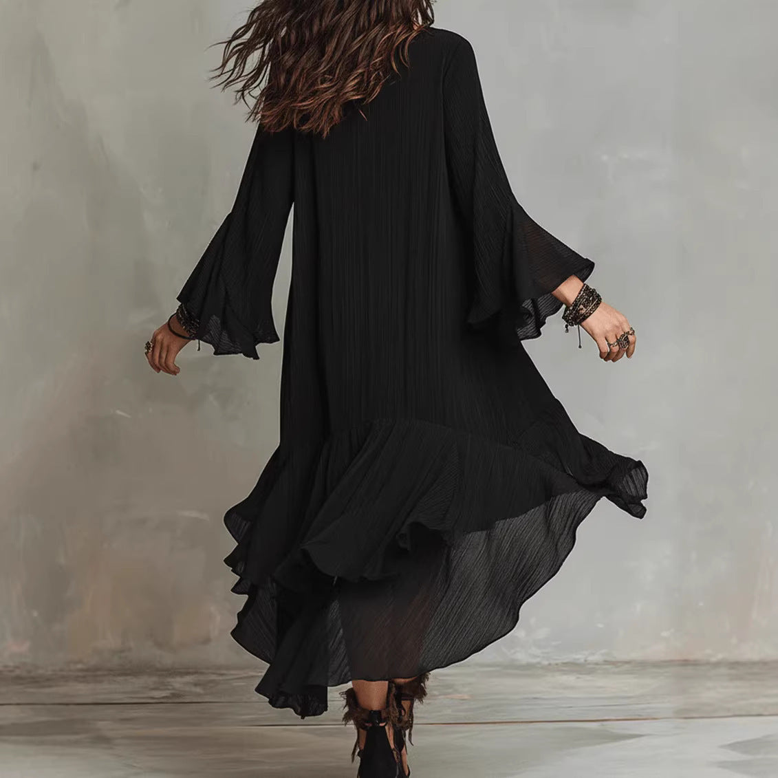 Solid-color Elegant Asymmetrical Ruffled Dress