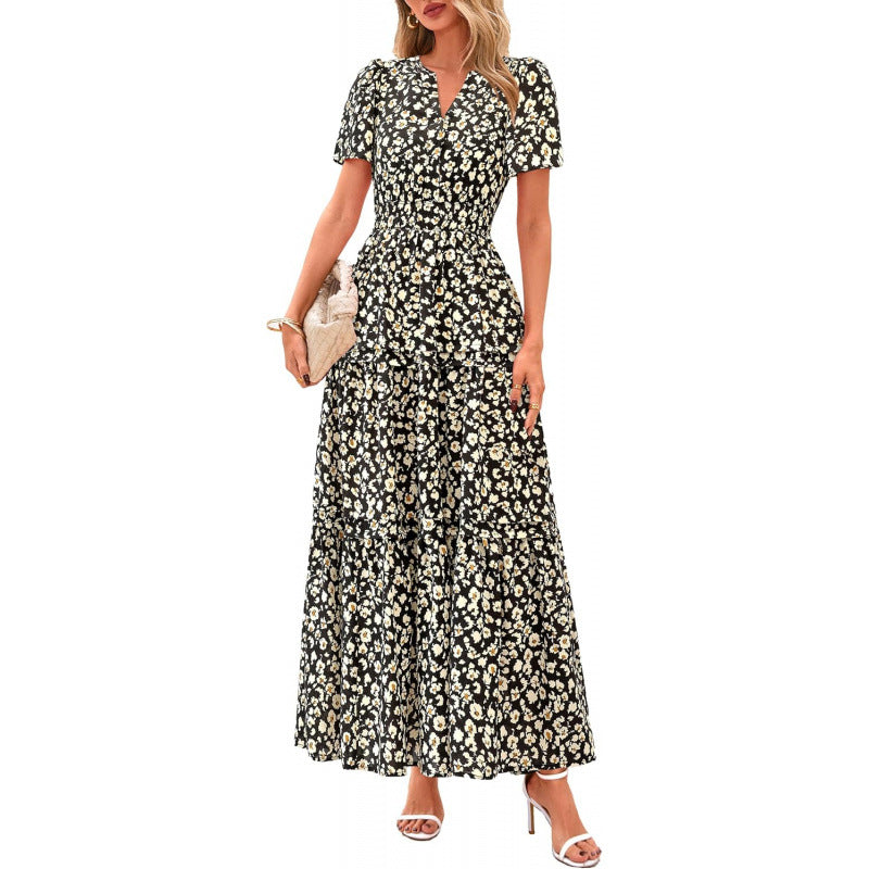 Retro Floral Short-Sleeve V-Neck Dress