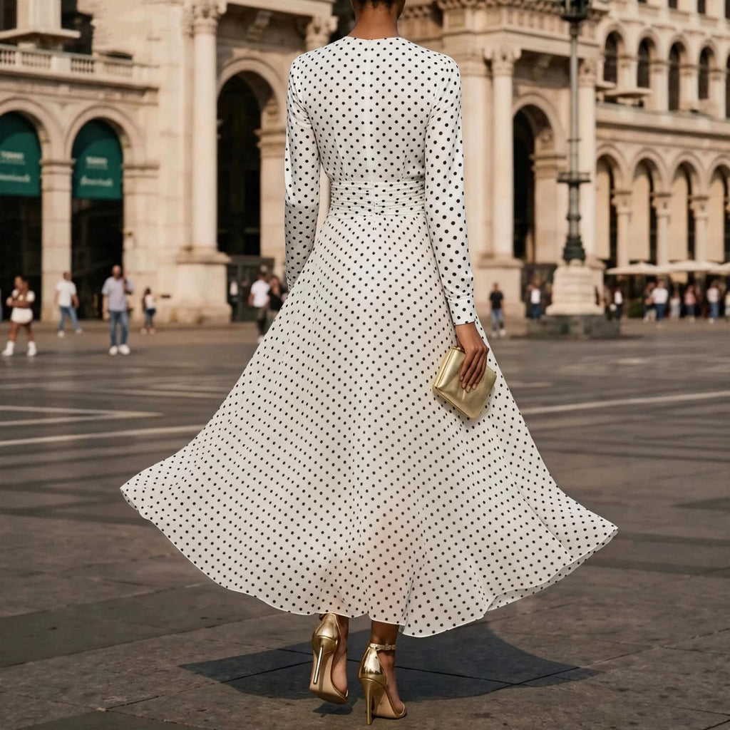 Round-neck Long-sleeve Polka-dot Sheath Dress
