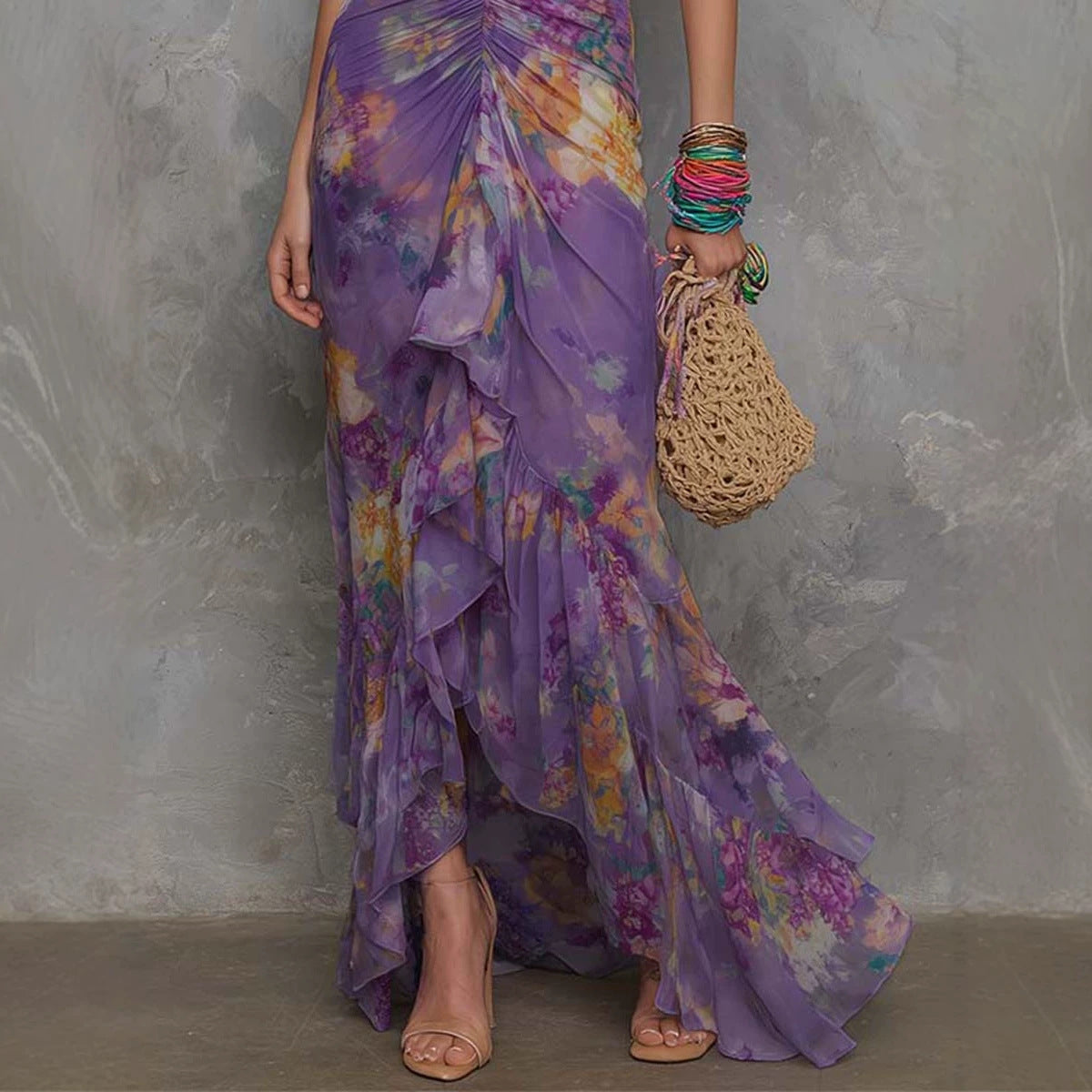 Casual Scoop-neck Low-cut Off-shoulder Colorful-printed Asymmetrical Wrap…