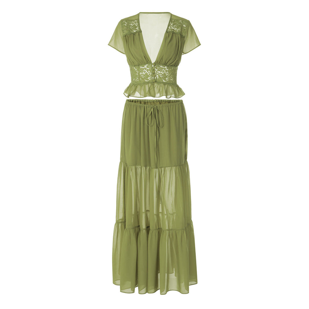 Lace Chiffon Cardigan T-shirt Loose Sheer Bandage Long Dress