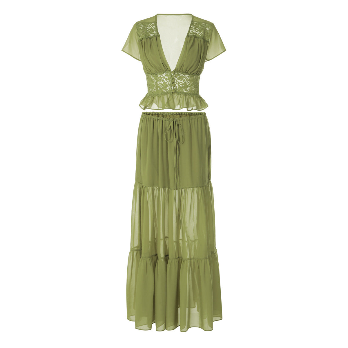 Lace Chiffon Cardigan T-shirt Loose Sheer Bandage Long Dress