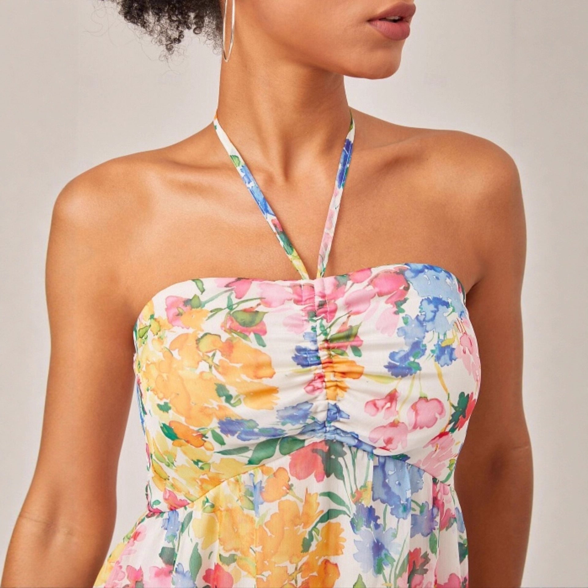 Vacation Floral Print Slip Dress Chiffon Halter Maxi Dress