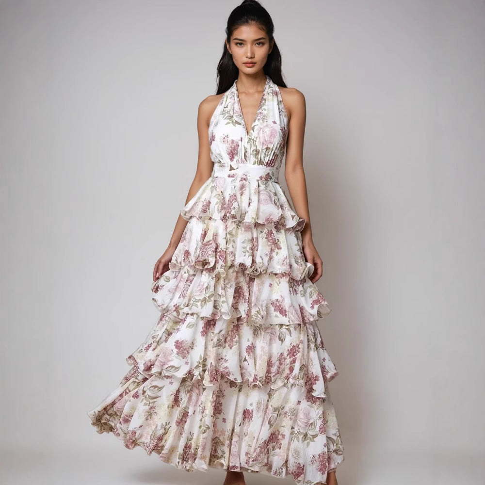 V-neck Strap Multi-layer Printed Dress