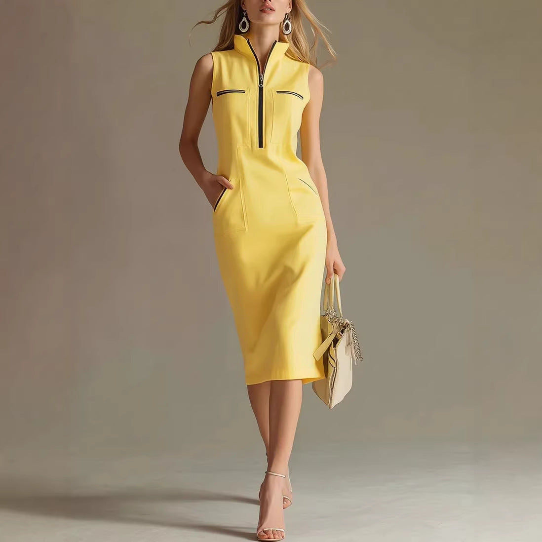 Contrast-color Stand-collar Midi Dress