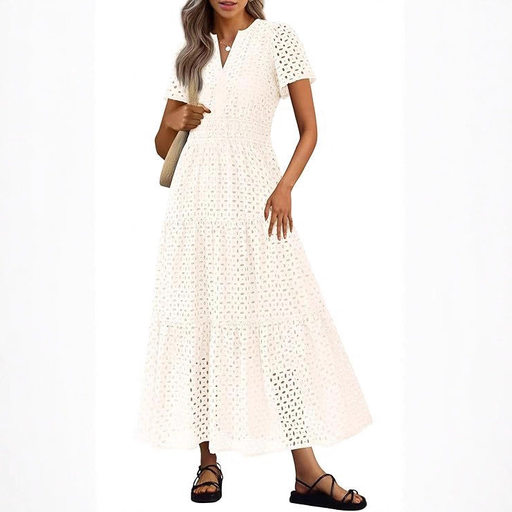 Short-Sleeve V-Neck Hollow-Out Dress