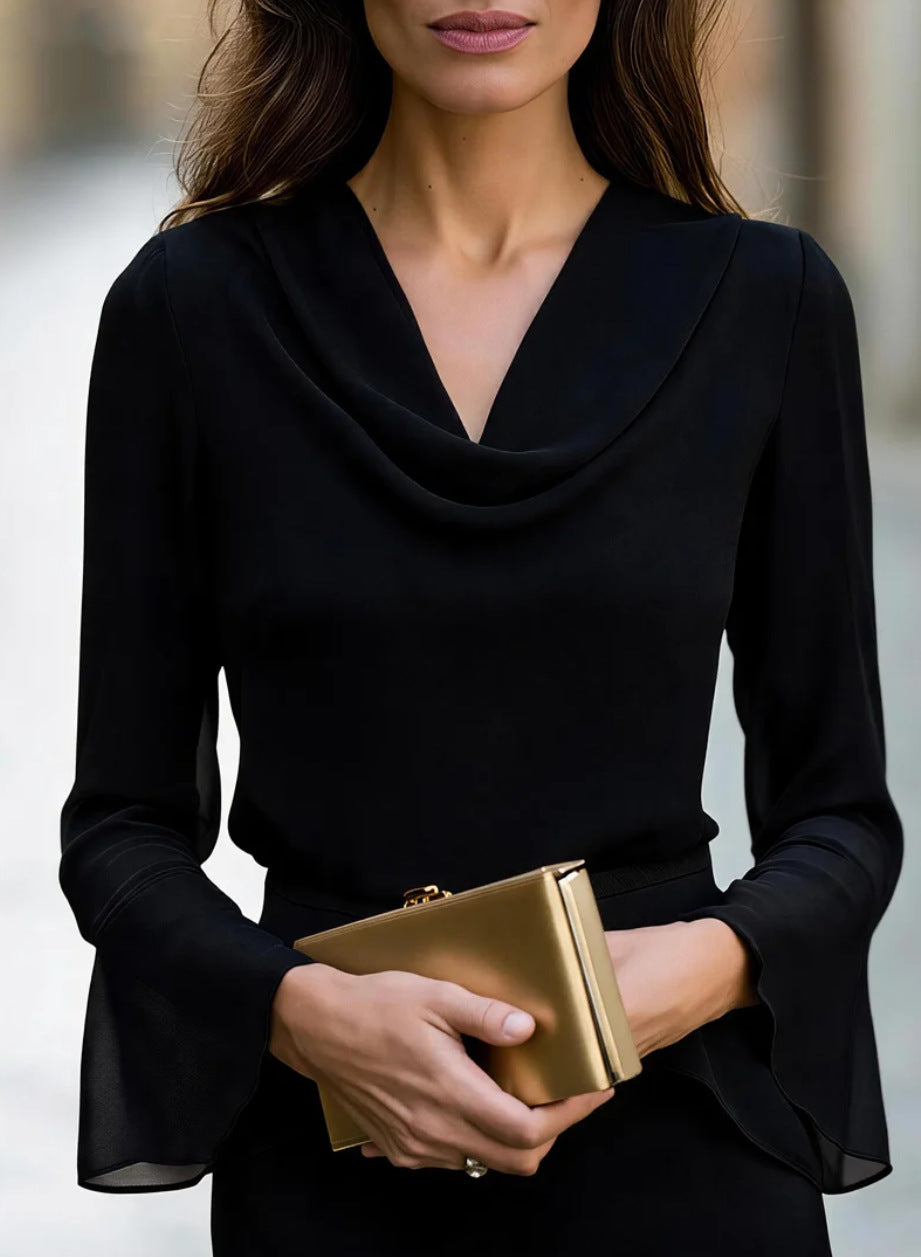 Ruffled V-neck Flared Long-sleeve Top