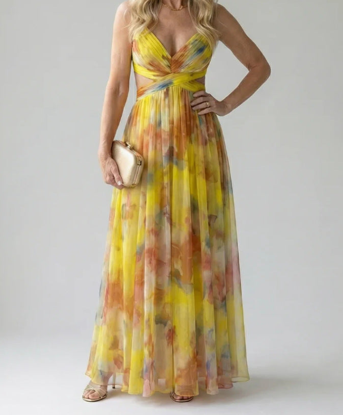 Digital-Print Chiffon Long Dress