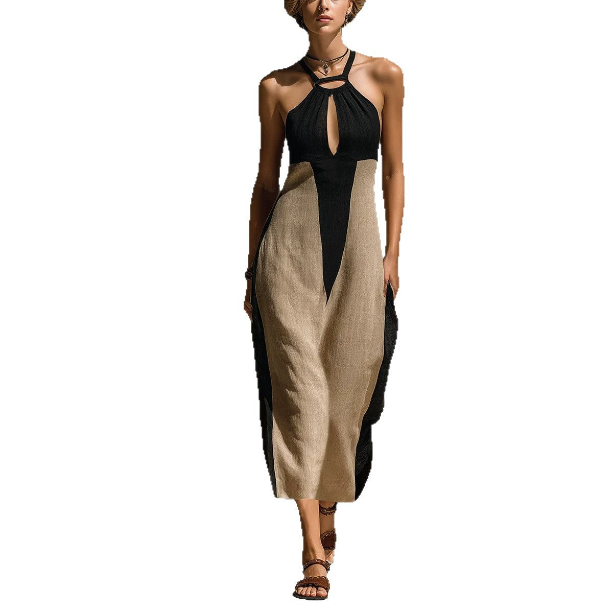 Hollow Out Color-blocked Linen Maxi Dress Fitting