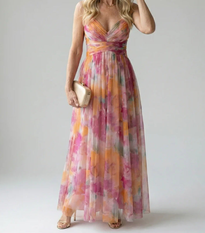 Digital-Print Chiffon Long Dress