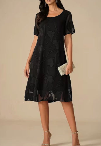 Spring Summer Solid-Color Crew-Neck Short-Sleeve Slim-Fit Dress
