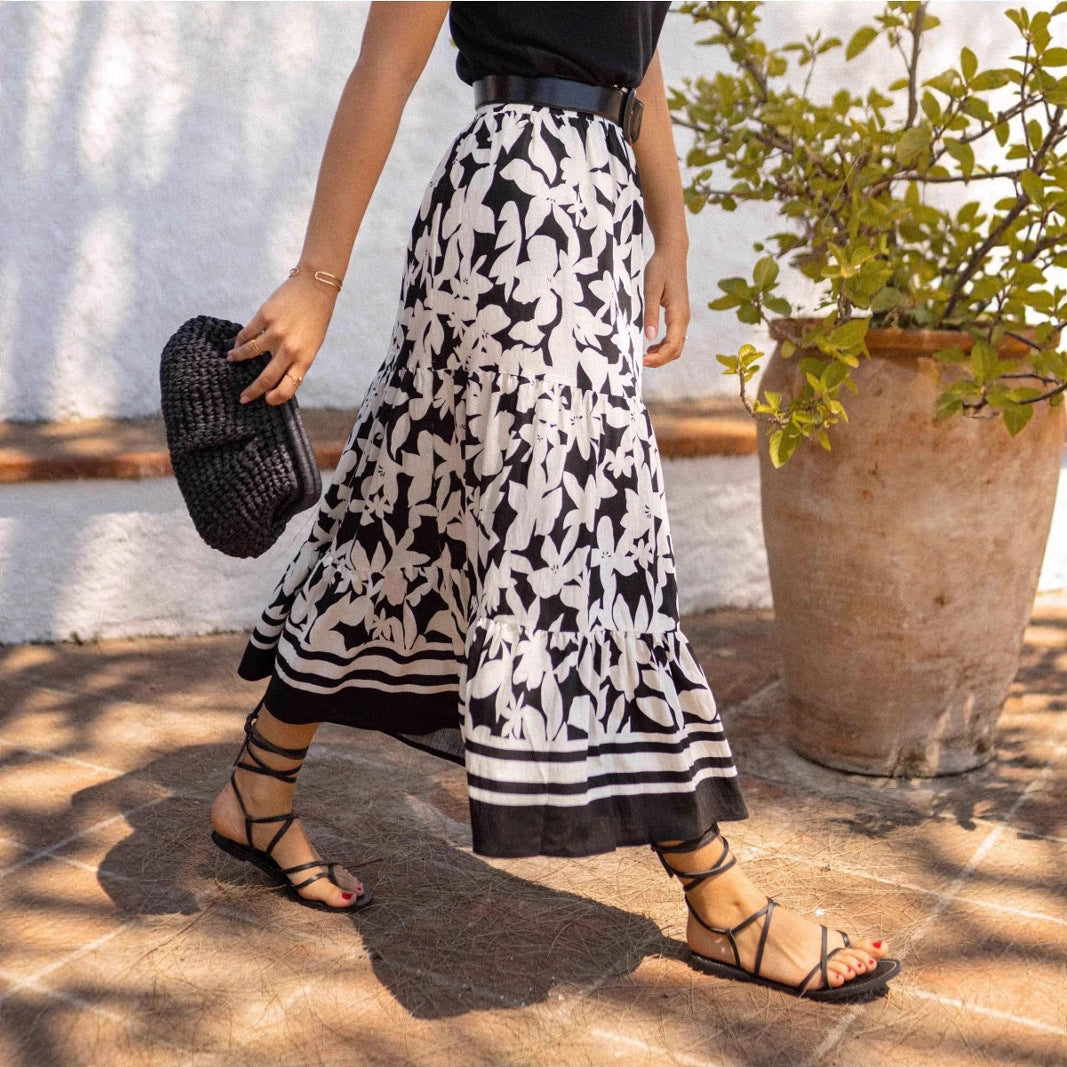 Casual Resort Flared Midi Skirt With A Botanical Print