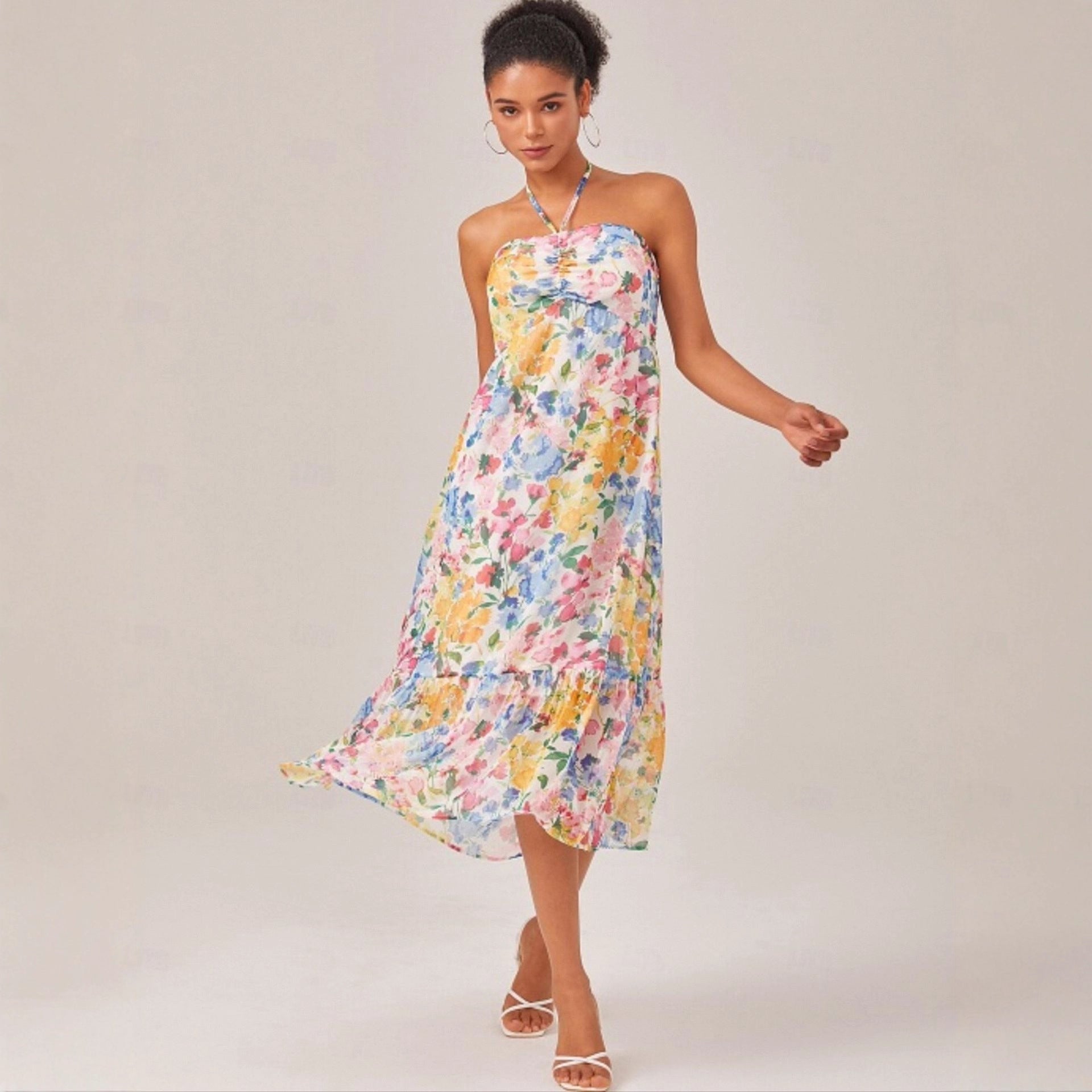 Vacation Floral Print Slip Dress Chiffon Halter Maxi Dress