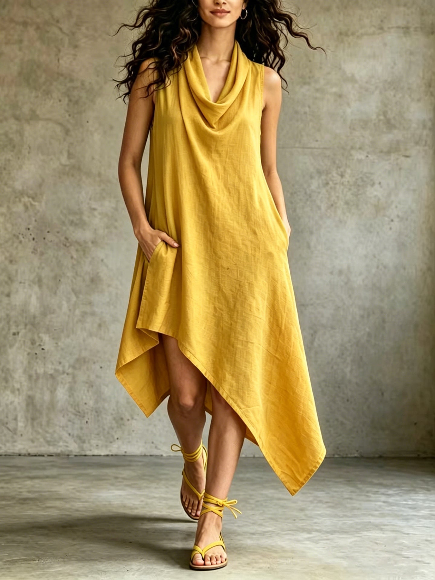 Summer Sleeveless Irregular Women's Casual Solid-Color V-Neck Dress