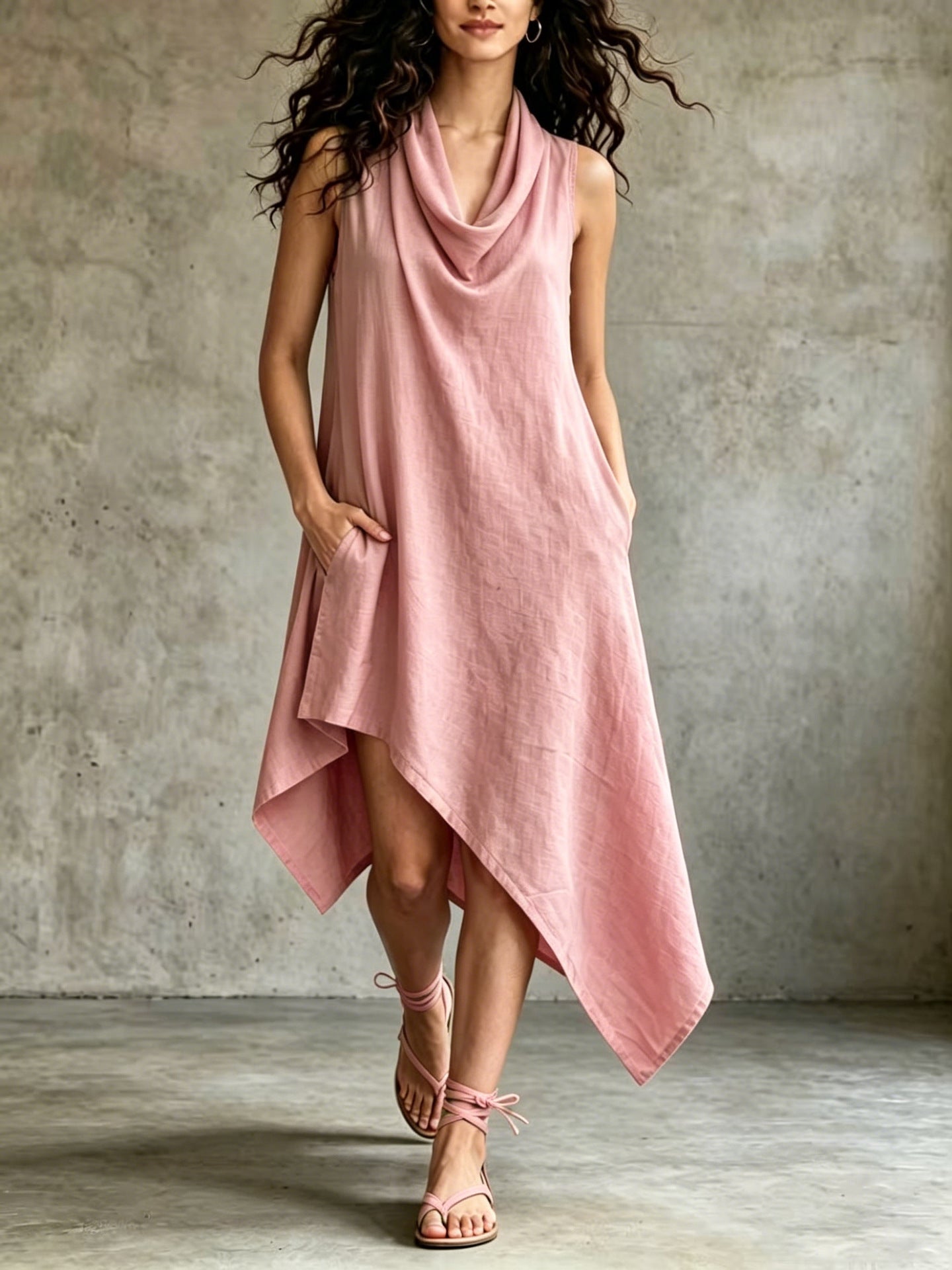 Summer Sleeveless Irregular Women's Casual Solid-Color V-Neck Dress
