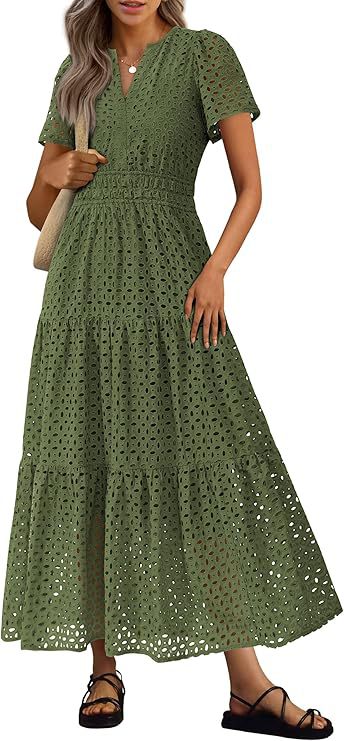Short-Sleeve V-Neck Hollow-Out Dress