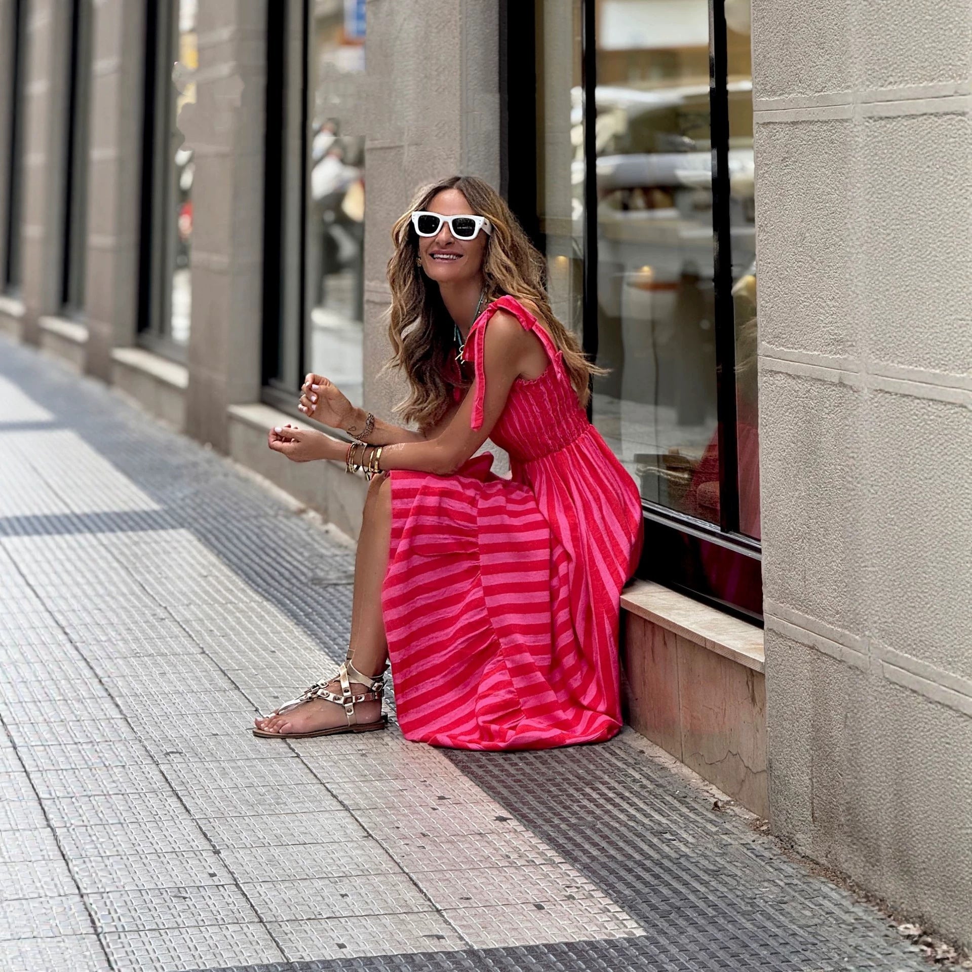 Striped Printed Lace-Up Waist-Cinching Dress