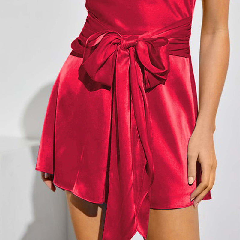 Halter Buckle Bare Back Satin Dress