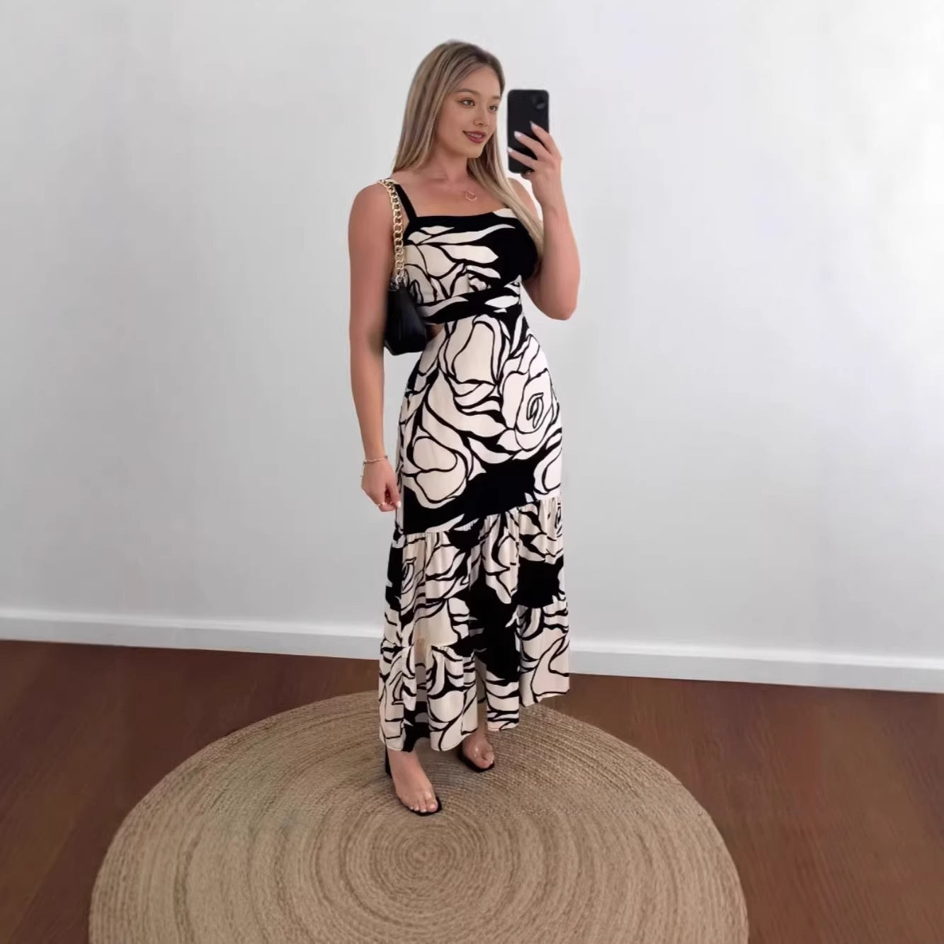 Rose-Print Strap Casual Dress