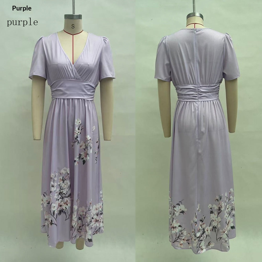 Digital-Print Floral Long-Sleeve V-Neck Pleated Dress