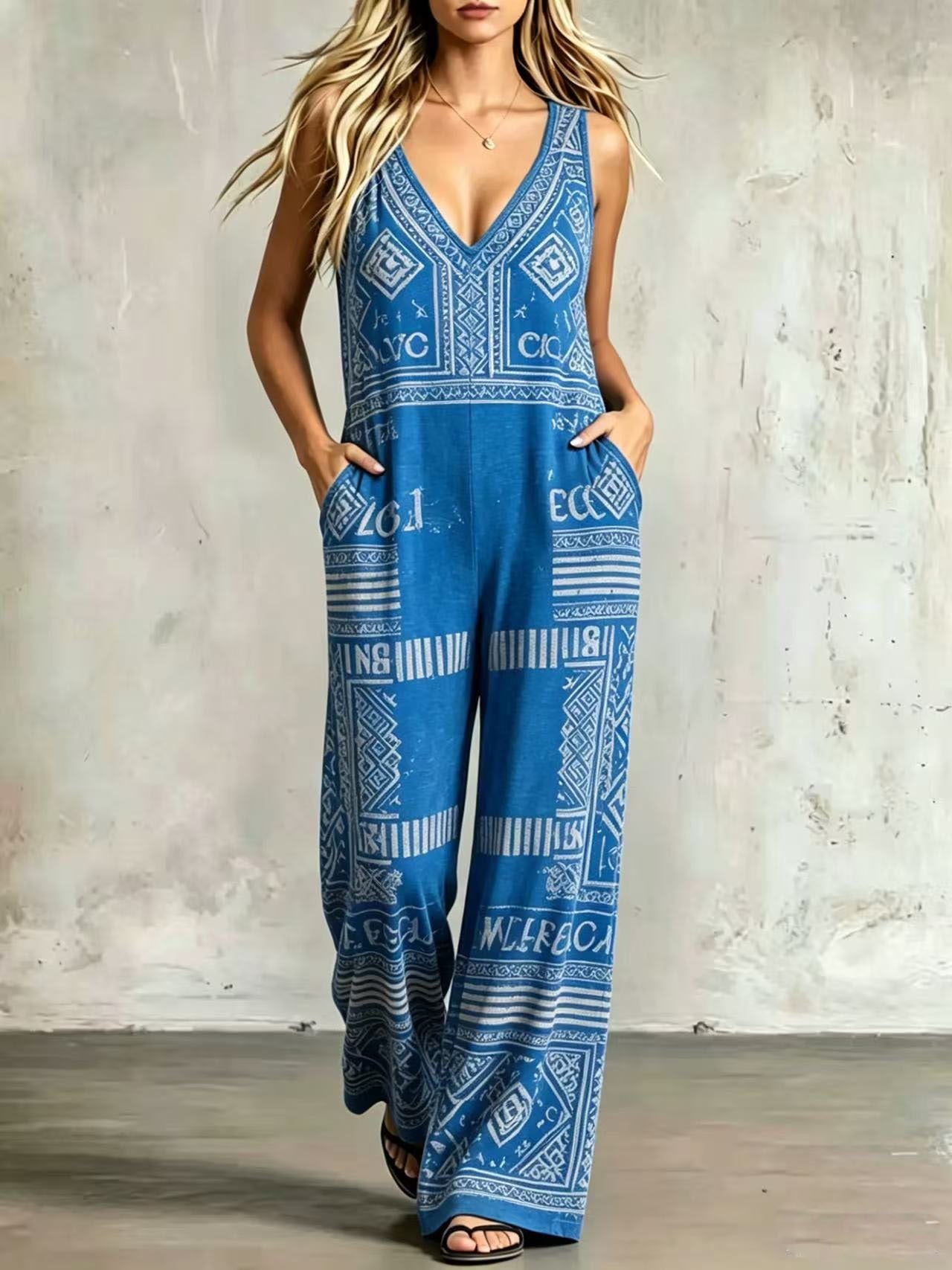 Printed Sleeveless Loose-fit Wide-leg Jumpsuit