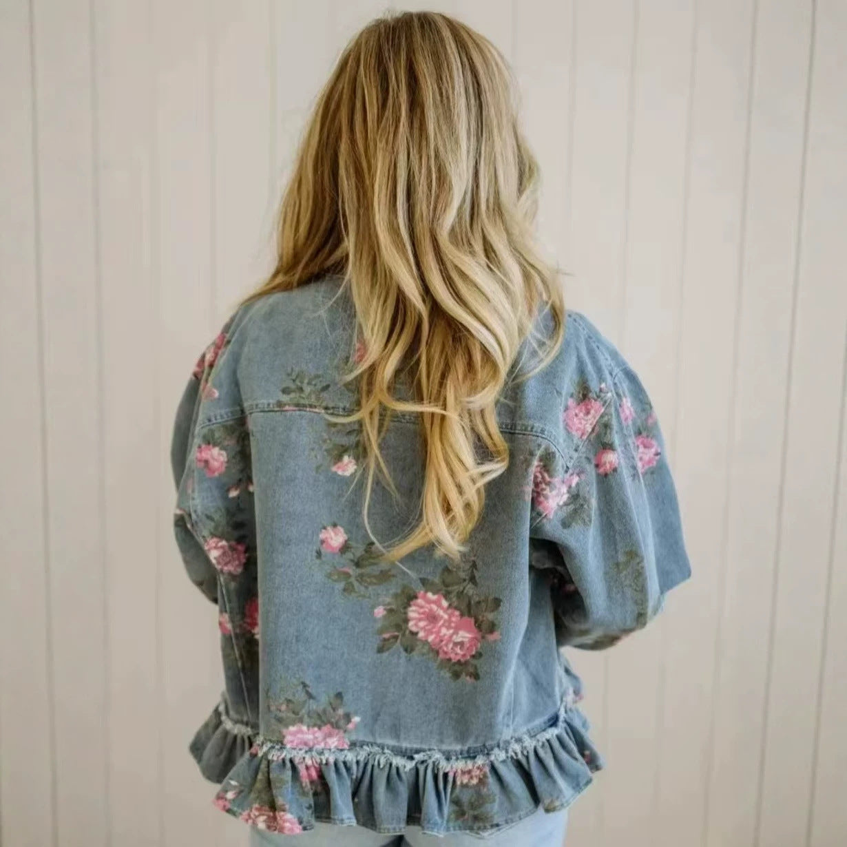 Vintage Washed Denim Jacket Floral Print Loose-Fit Long-Sleeve Shirt