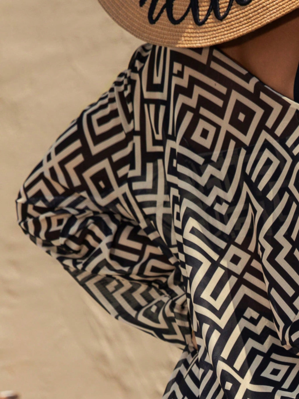 Geometric Print 3-Piece Bikini Set With Sheer Kimono Cover-Up