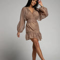Button-front Waist-cinching Lace Dress With Ruffled Hem
