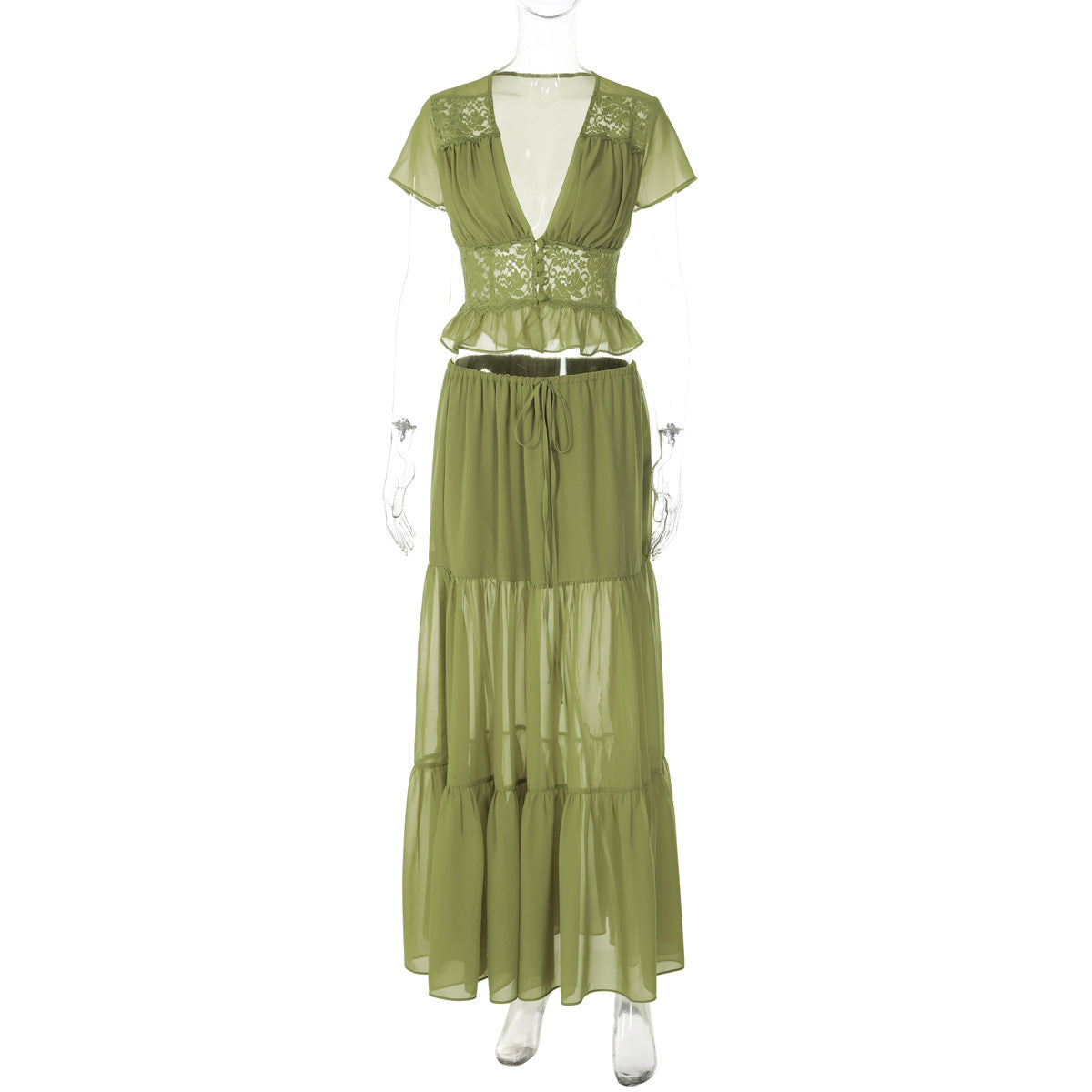 Lace Chiffon Cardigan T-shirt Loose Sheer Bandage Long Dress