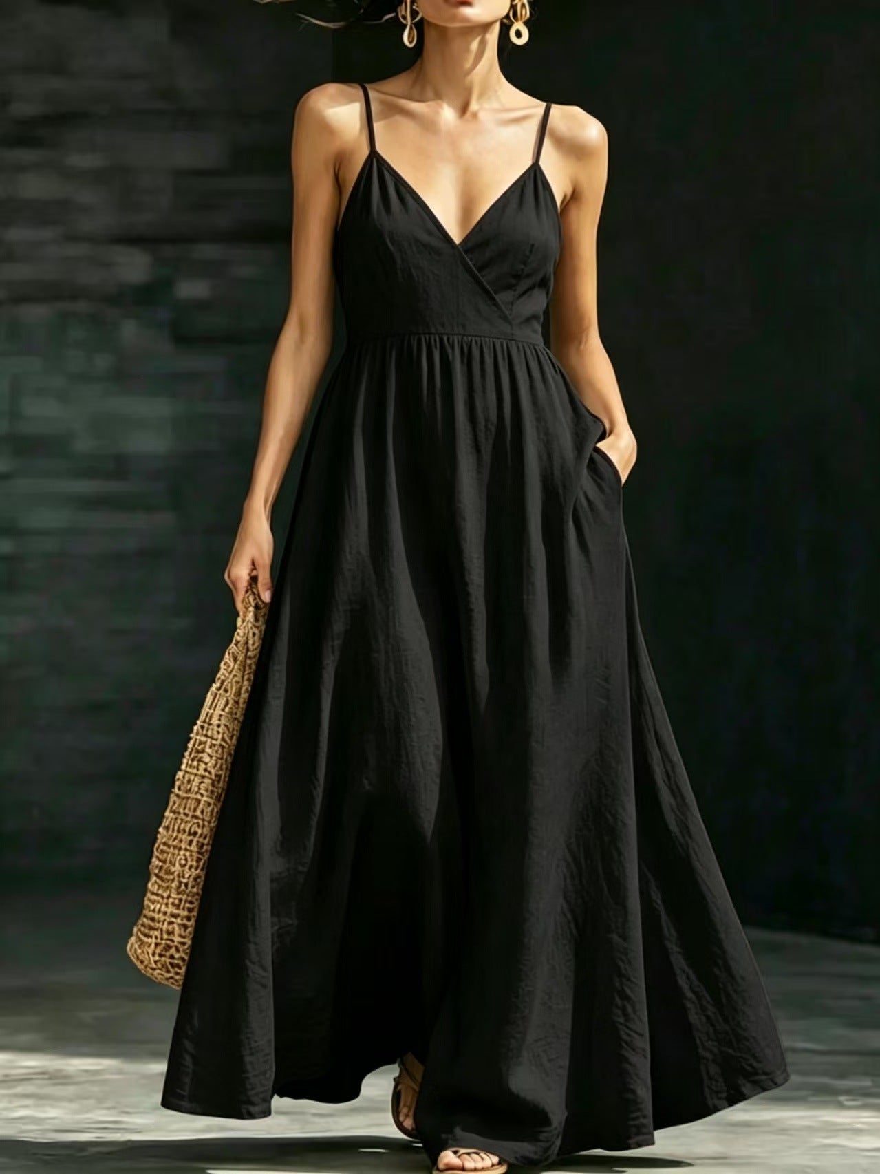 V-neck Pocketed Strap Backless Dress