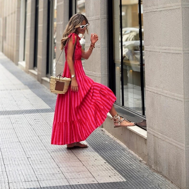 Striped Printed Lace-Up Waist-Cinching Dress