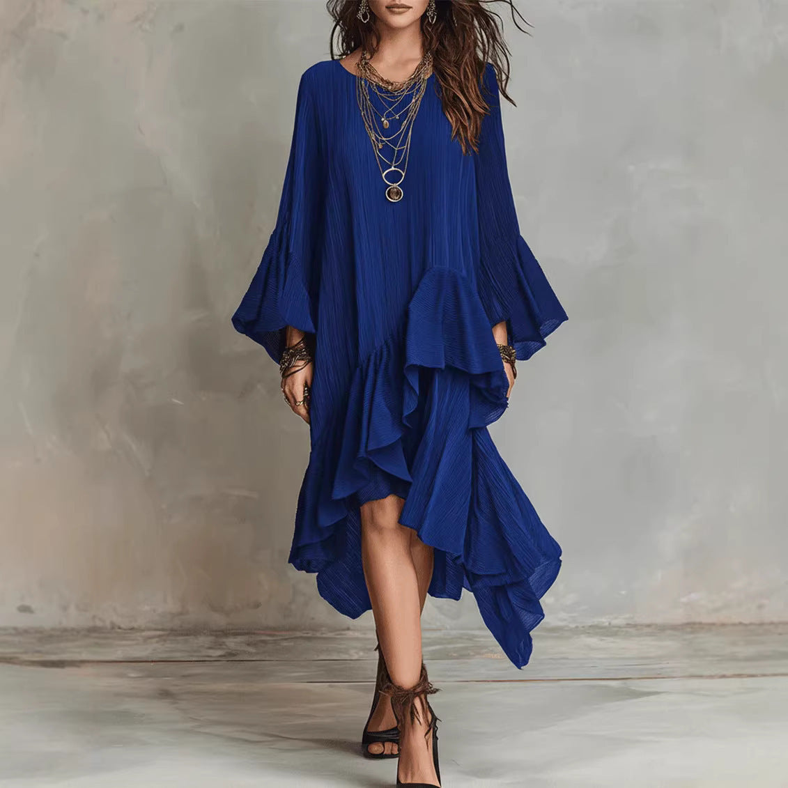 Solid-color Elegant Asymmetrical Ruffled Dress