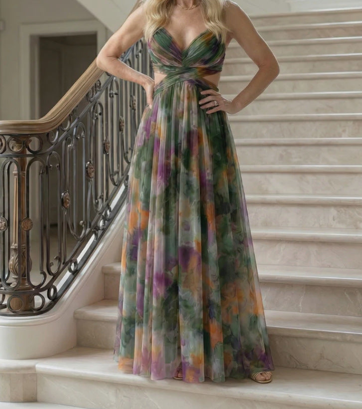 Digital-Print Chiffon Long Dress
