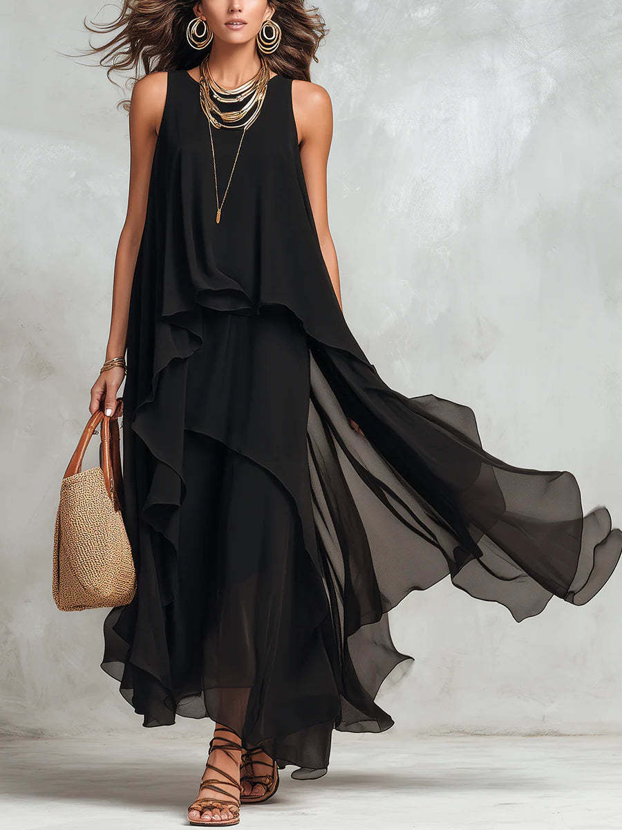Black Sleeveless Asymmetrical Chiffon Maxi Elegant Flowing Women's Dress