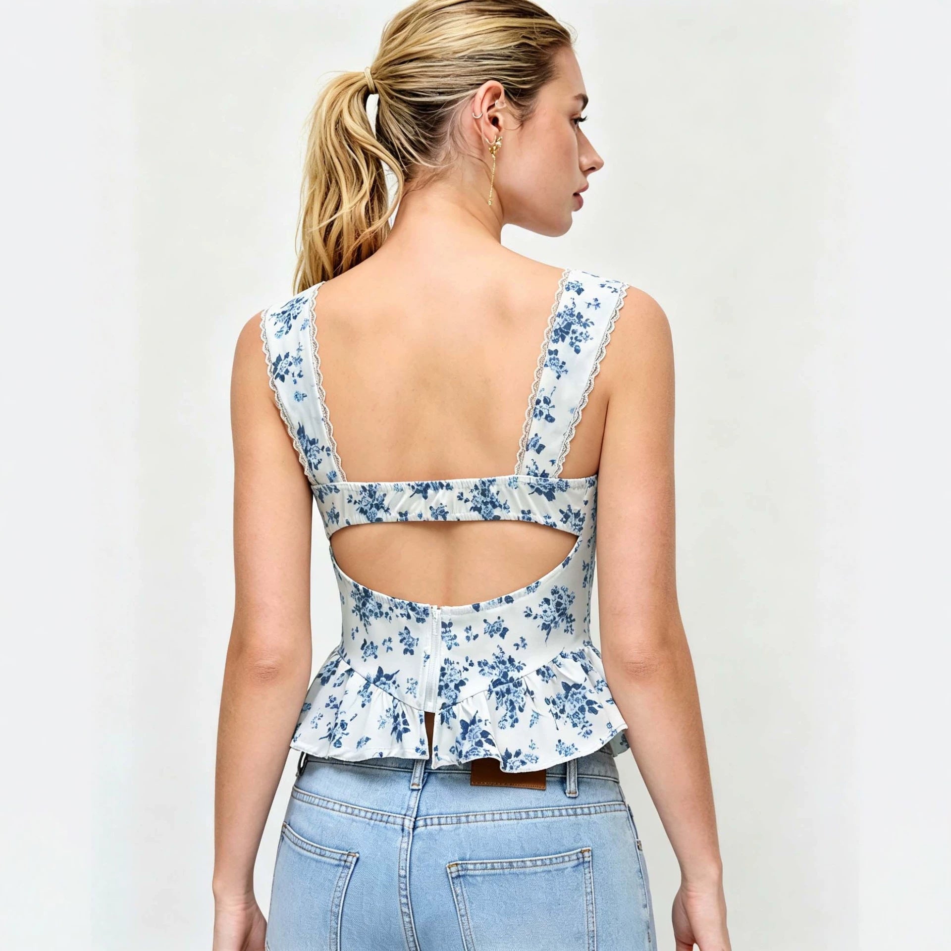 Summer New White-base Top With Blue Floral Print Strapless Style