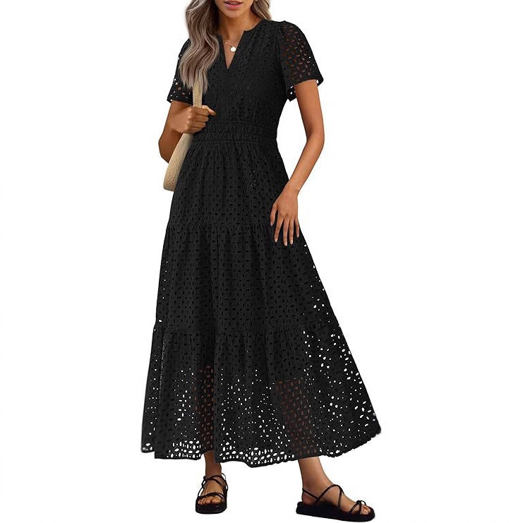 Short-Sleeve V-Neck Hollow-Out Dress