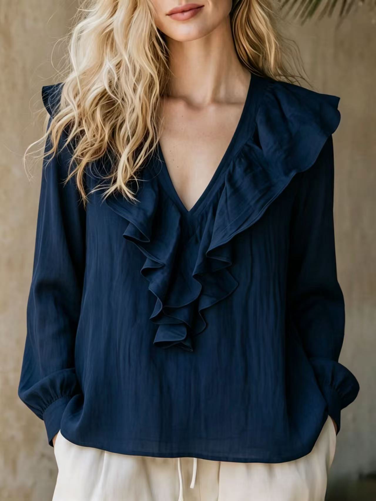 Lace-trimmed V-neck Linen French-style Long-sleeve Top