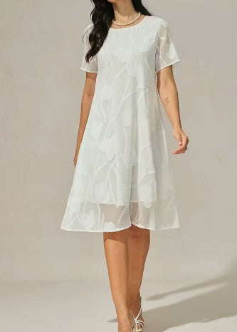 Spring Summer Solid-Color Crew-Neck Short-Sleeve Slim-Fit Dress