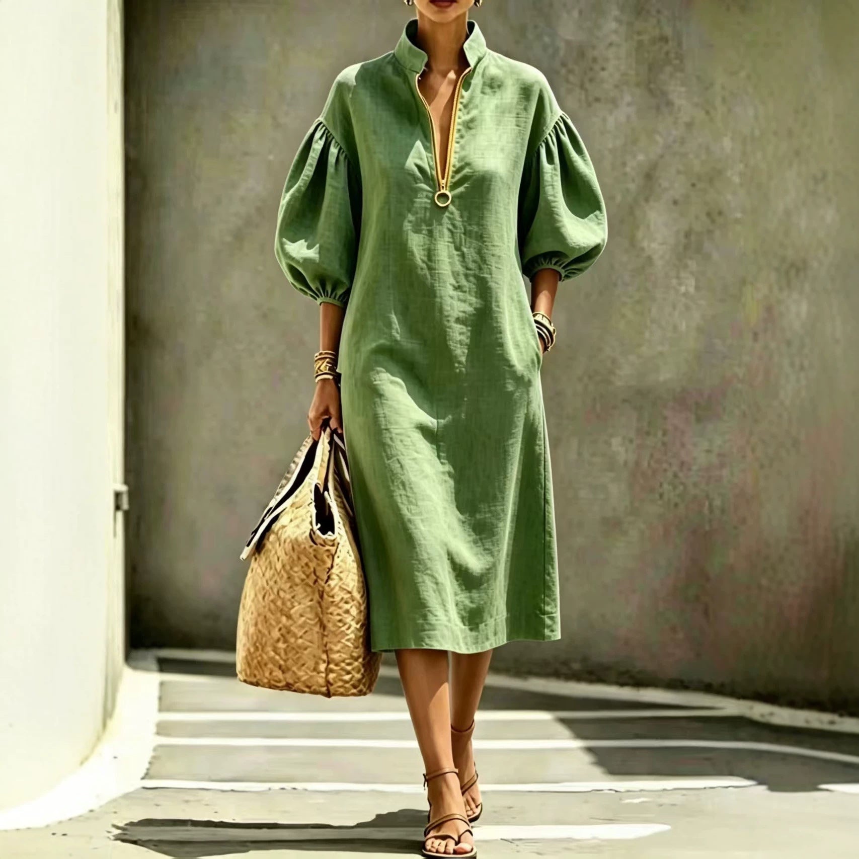 Summer Casual Loose-fit Stand-collar Puff-sleeve Dress